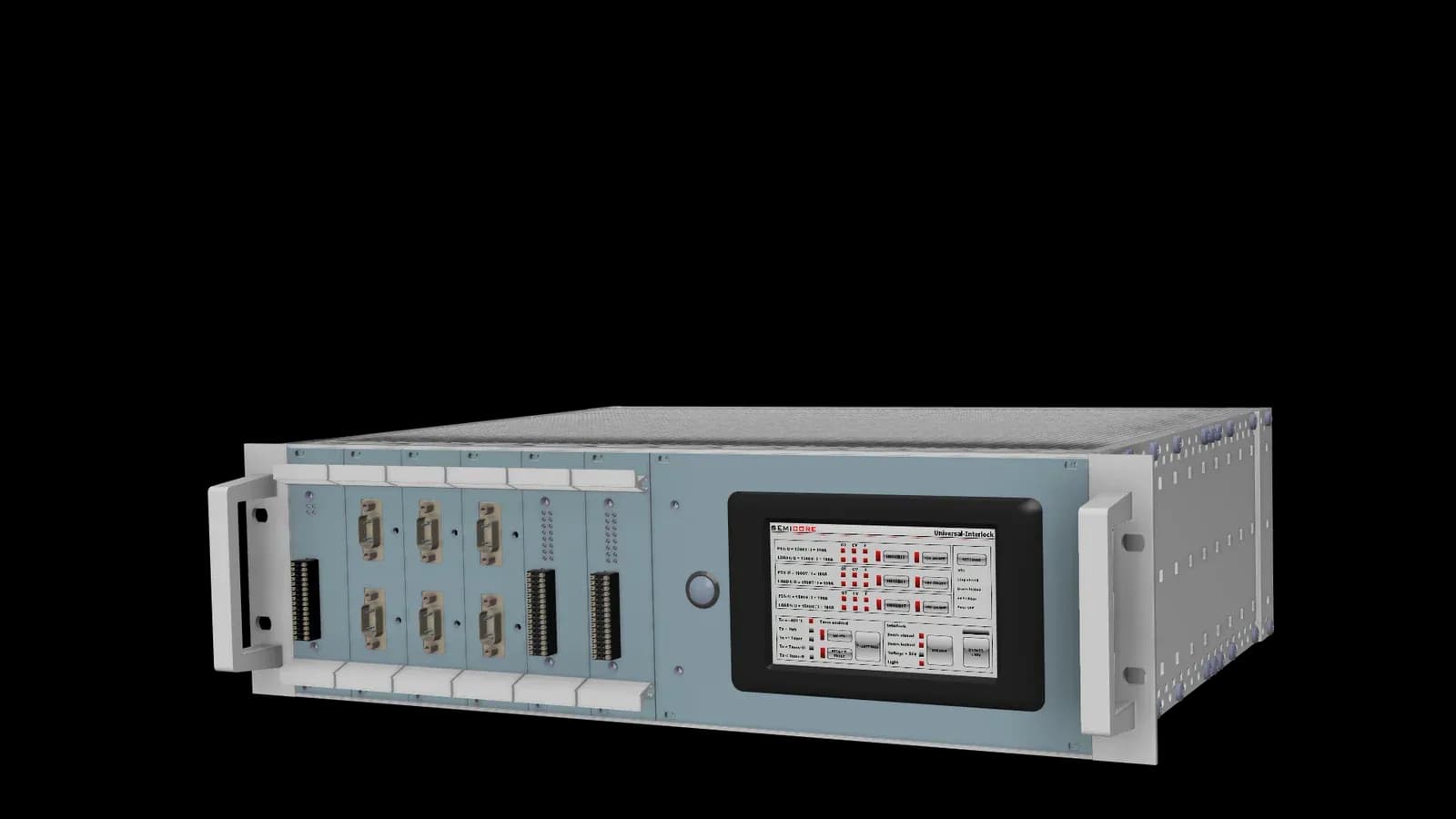 Universal interlock in a rack housing with touch display